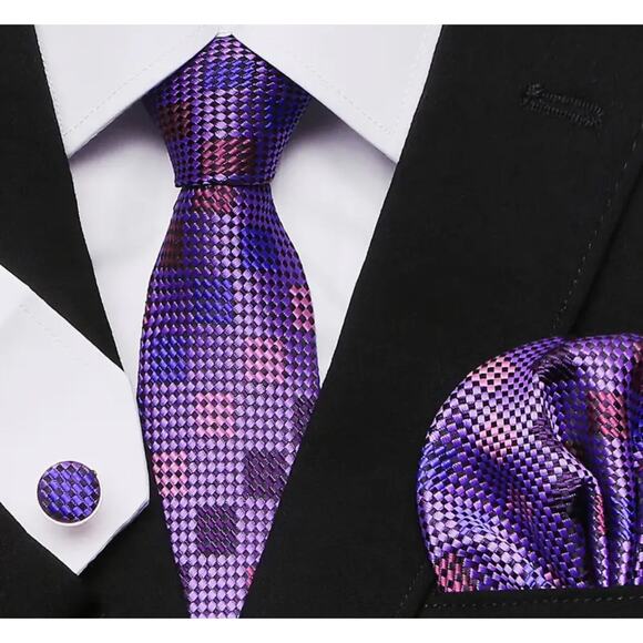 Men’s Silk Coordinated Tie Set - Purple with Squares - Picture 1 of 4